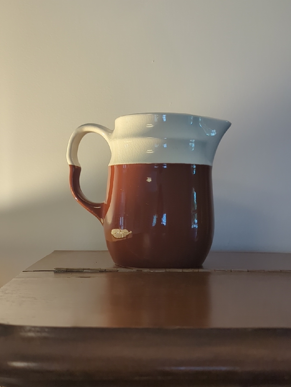 Oxford Stoneware Two-Tone Ceramic Pitcher in Creamy White and Brown Vintage